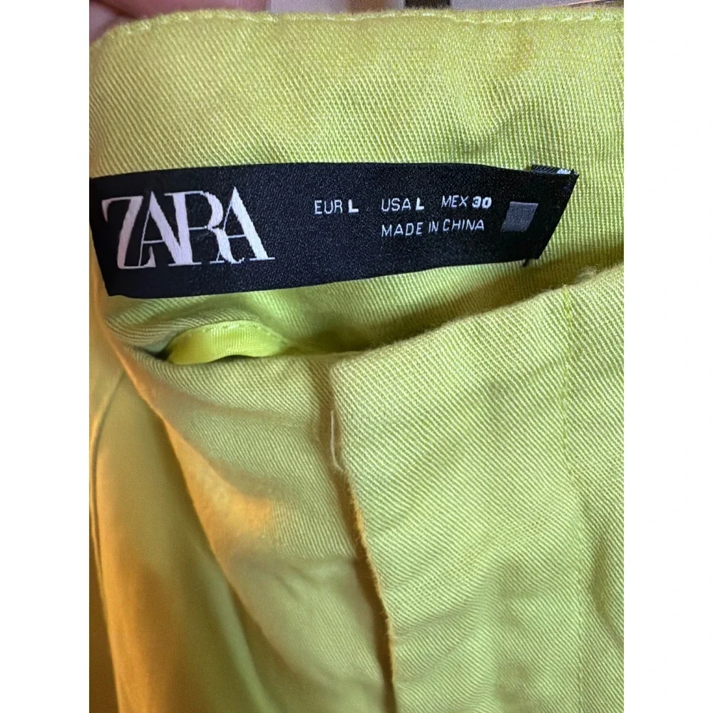 Zara Womens Lime Green Neon Cotton Linen Wide Leg High Waisted Pants Size L